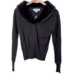 Black Faux-Fur Collar Button-Front Cardigan Sweater